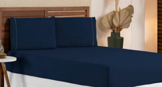 Jogo De Cama Casal Padrão 3 Peças 400 Fios Ponto Palito Macio C/ Elástico Toque Suave Hotel Premium Cor Azul Marinho