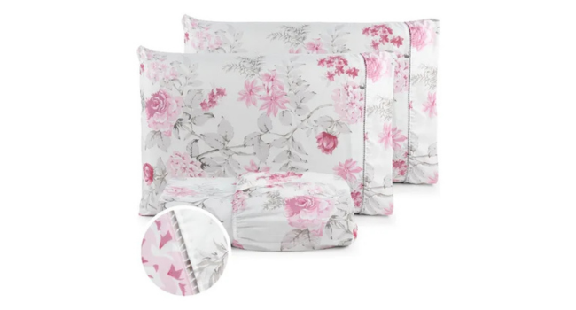 Jogo Lençol Casal 3pç 400 Fios Hipercal Conforto Macio Cor Floral Branco c/ Rosa Desenho do tecido Estampado