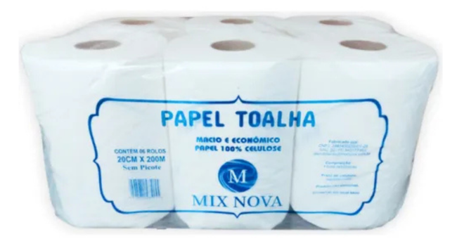Papel Toalha Bobina 6 Rolos De 20cm X 200m Branca 100% Celulose Mix Nova